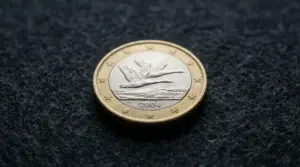 Moneta da 1 euro Finlandia 2004 con due cigni in volo su sfondo scuro