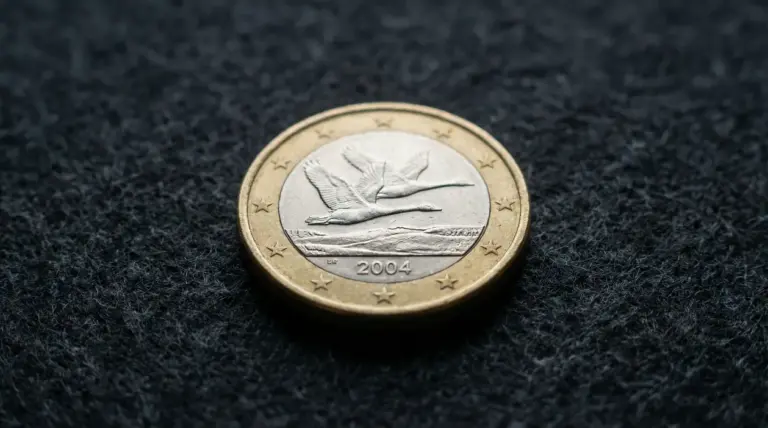 Moneta da 1 euro Finlandia 2004 con due cigni in volo su sfondo scuro