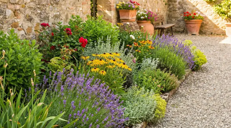 Aiuola fiorita con piante perenni e fiori colorati lungo un sentiero di ghiaia