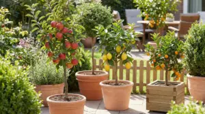 Alberi da frutto in vaso con mele, limoni e arance in un piccolo giardino soleggiato
