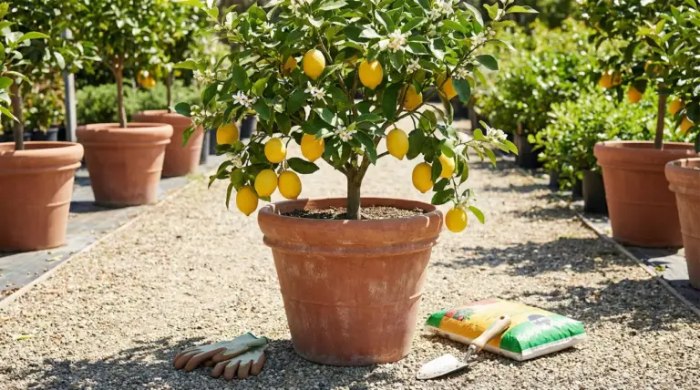 Albero di limone in vaso con frutti maturi e fiori, in un vivaio all'aperto