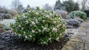 Arbusto con fiori rosa e foglie verdi in un giardino ghiacciato in inverno