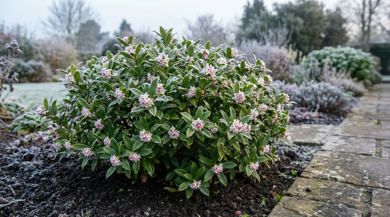 Arbusto con fiori rosa e foglie verdi in un giardino ghiacciato in inverno