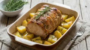 Arista di maiale al forno con patate in una teglia su un tavolo rustico