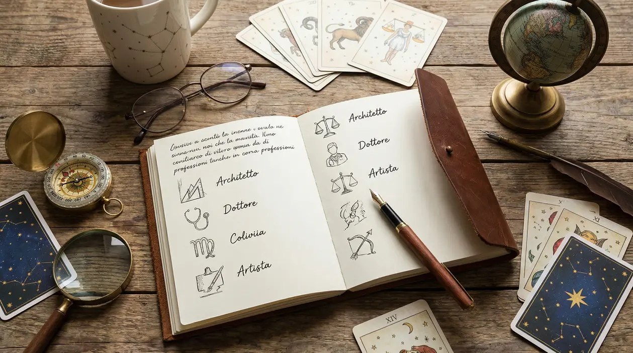 Tavolo in legno con taccuino aperto, carte astrologiche e oggetti vintage correlati all'astrologia e al lavoro