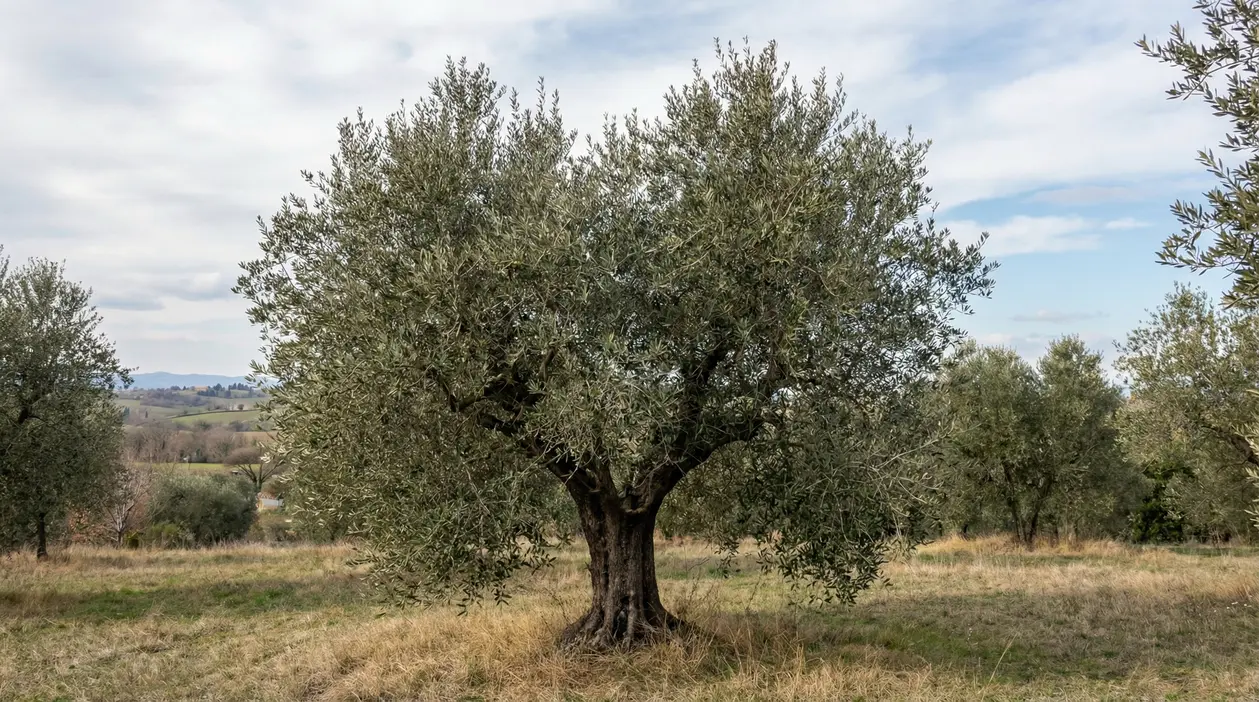 Un albero di ulivo maturo in un campo durante la stagione invernale