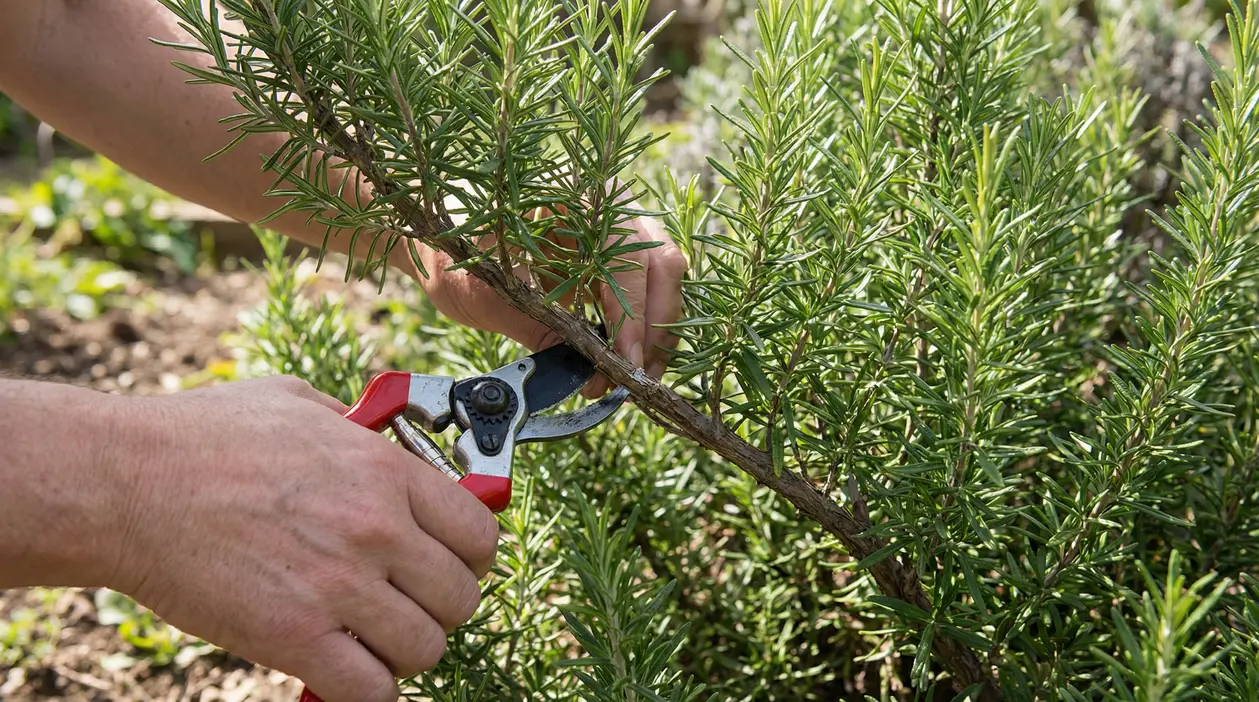 Una persona pota un ramo di rosmarino con cesoie da giardino