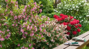 Arbusti fioriti in giardino con cesoie e guanti da potatura su una panca di legno