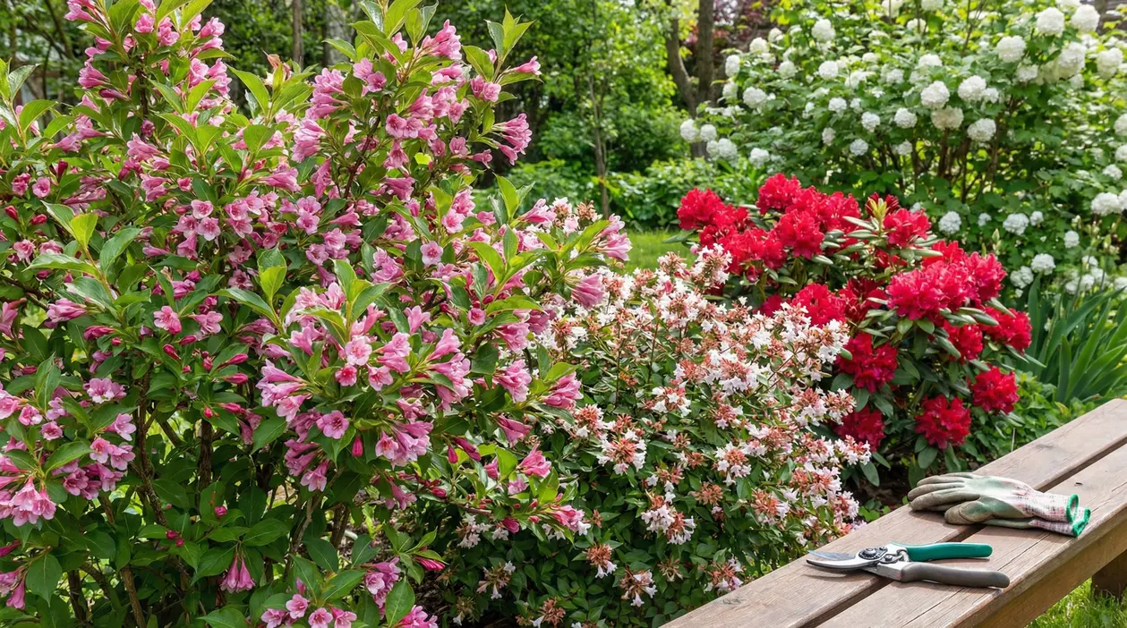 Arbusti fioriti in giardino con cesoie e guanti da potatura su una panca di legno