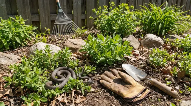 Serpente nascosto tra le piante in un giardino vicino a guanti da lavoro e attrezzi
