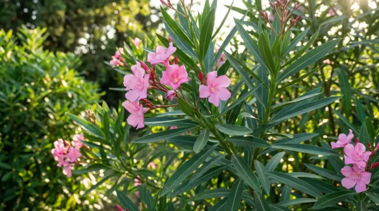 Pianta di oleandro con fiori rosa in un giardino soleggiato