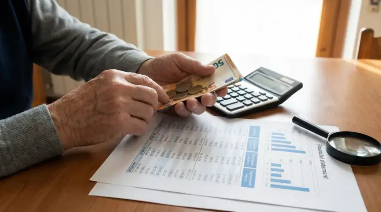Persona anziana conta banconote e monete vicino a documenti finanziari e calcolatrice.