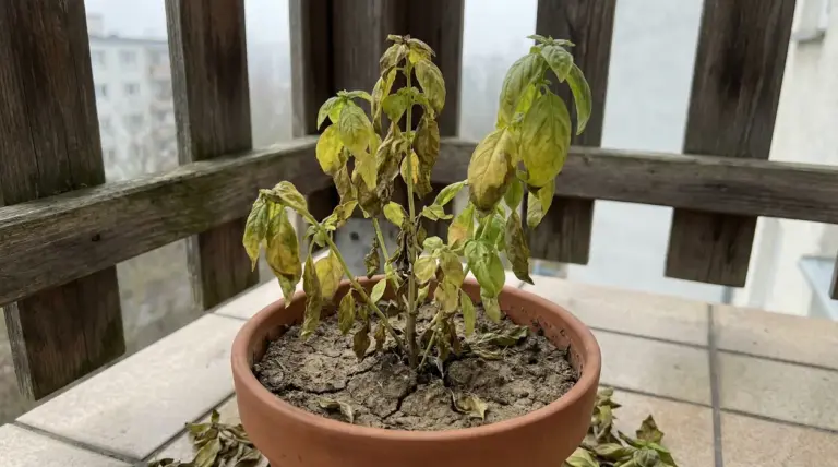 Pianta di basilico appassita in un vaso di terracotta su un balcone