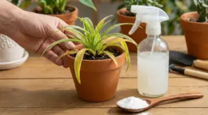 Mano che tiene un vaso con pianta e bicarbonato di sodio su tavolo da giardinaggio