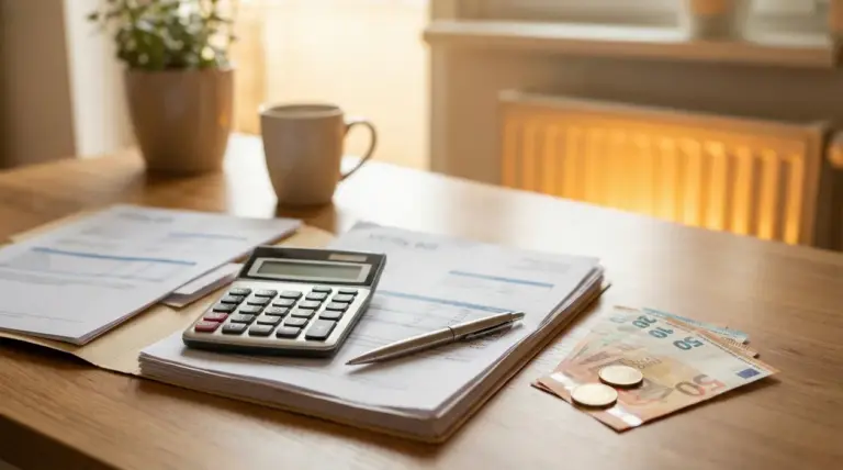 Calcolatrice, bollette e denaro su un tavolo di legno accanto a una tazza.