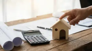 Mano che tocca un modellino di casa su scrivania con calcolatrice e progetti edilizi
