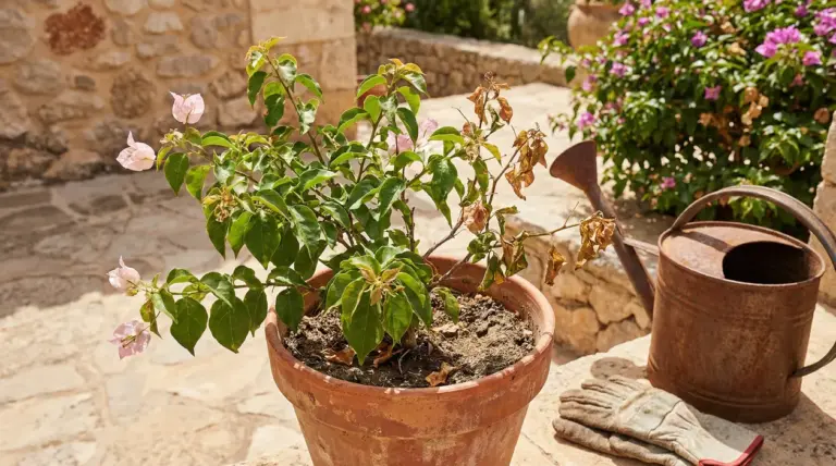 Bouganville in vaso con rami secchi e foglie verdi in un giardino assolato
