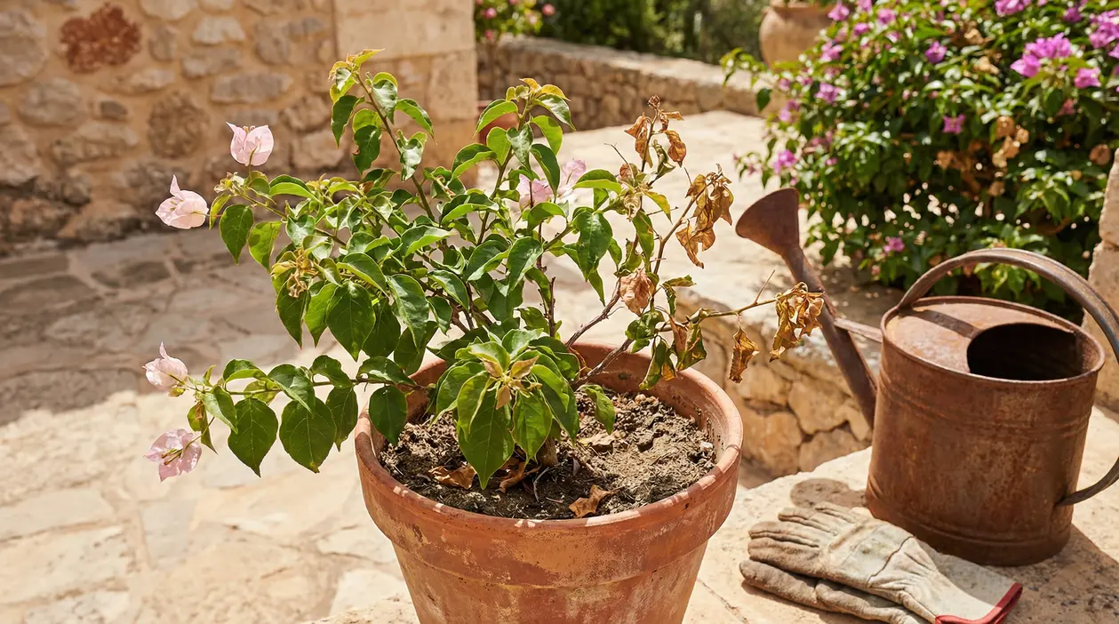 Bouganville in vaso con rami secchi e foglie verdi in un giardino assolato