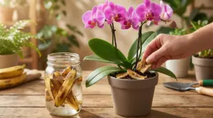 Una mano inserisce bucce di banana nel vaso di un'orchidea in fiore