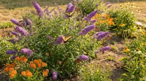 Cespuglio di buddleja in fiore con farfalle in un giardino soleggiato