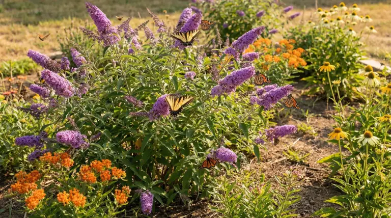 Cespuglio di buddleja in fiore con farfalle in un giardino soleggiato