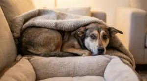 Cane impaurito nascosto sotto una coperta sul divano