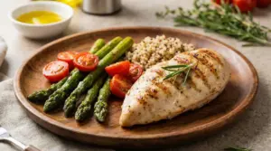 Petto di pollo grigliato servito con asparagi, pomodorini e quinoa su un piatto di legno