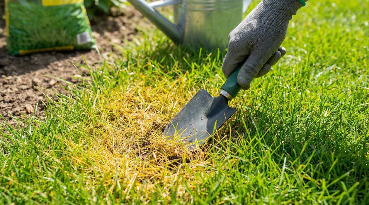 Mano con guanto che scava in un'area di prato ingiallita con una paletta