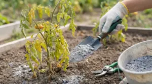 Cenere di legna distribuita nel terreno vicino a una pianta di pomodoro