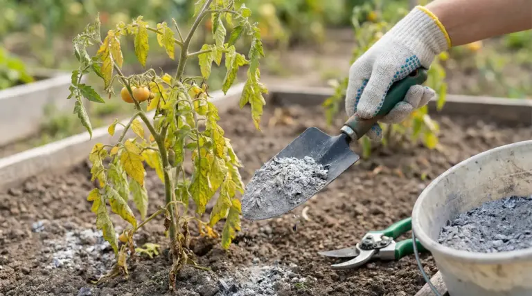 Cenere di legna distribuita nel terreno vicino a una pianta di pomodoro
