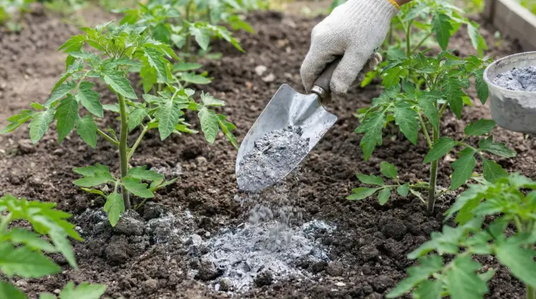 Una mano con guanto sparge cenere sul terreno vicino a piantine di pomodoro
