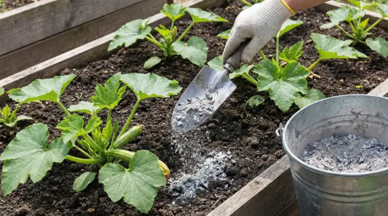 Una mano con guanto sparge cenere nel terreno vicino a piante di zucchine in un orto rialzato
