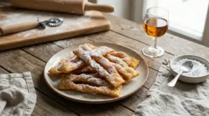 Piatto di chiacchiere spolverate di zucchero su tavolo rustico in legno