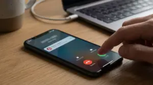 Persona risponde a una chiamata su smartphone poggiato su una scrivania vicino a un laptop