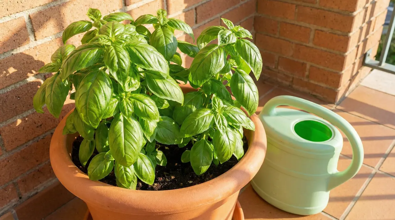 Pianta di basilico rigogliosa in vaso di terracotta su un balcone soleggiato