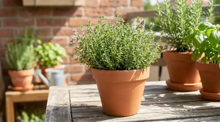 Pianta di timo in vaso di terracotta posizionata su un tavolo da giardino