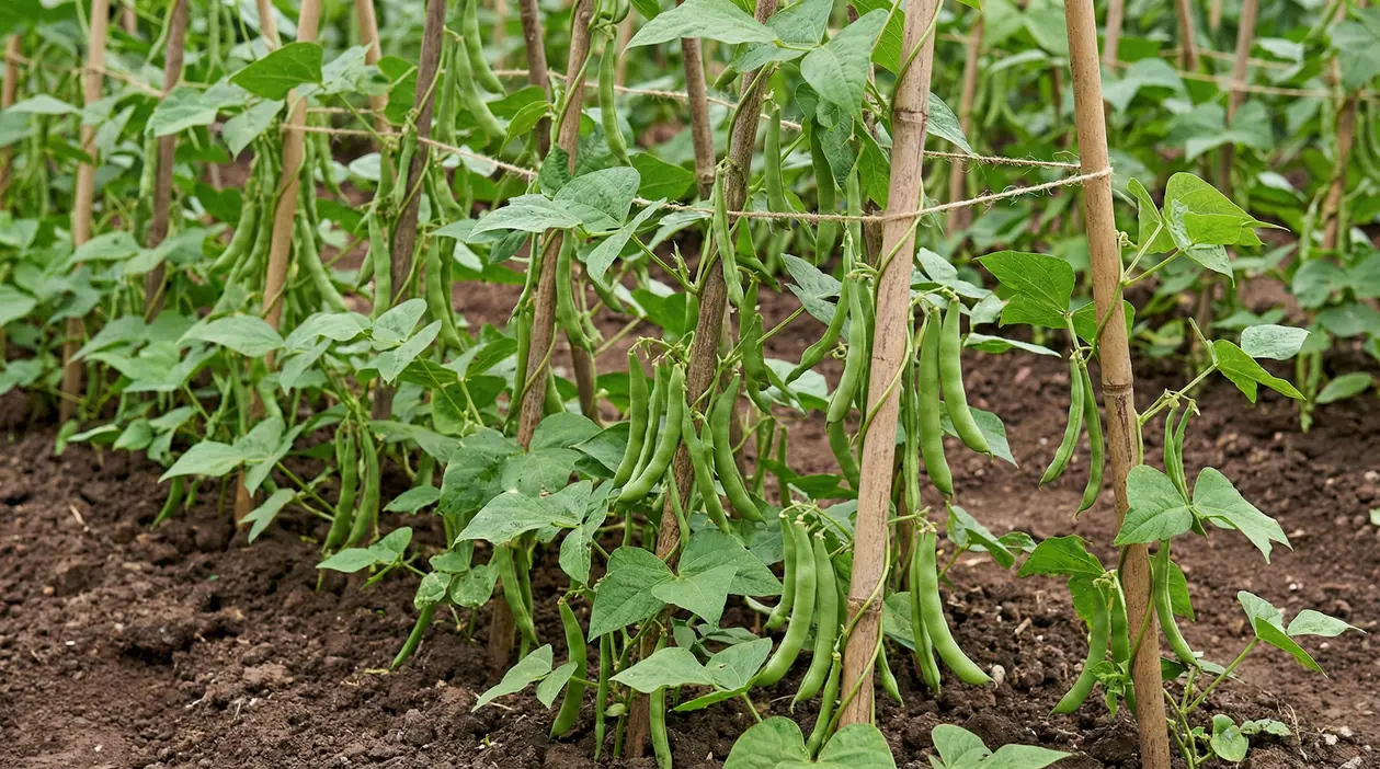 Piante di fagiolini rampicanti coltivate con tutori in un orto