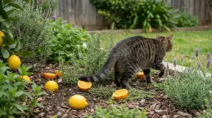 Gatto in giardino tra erbe aromatiche e agrumi tagliati per allontanarlo