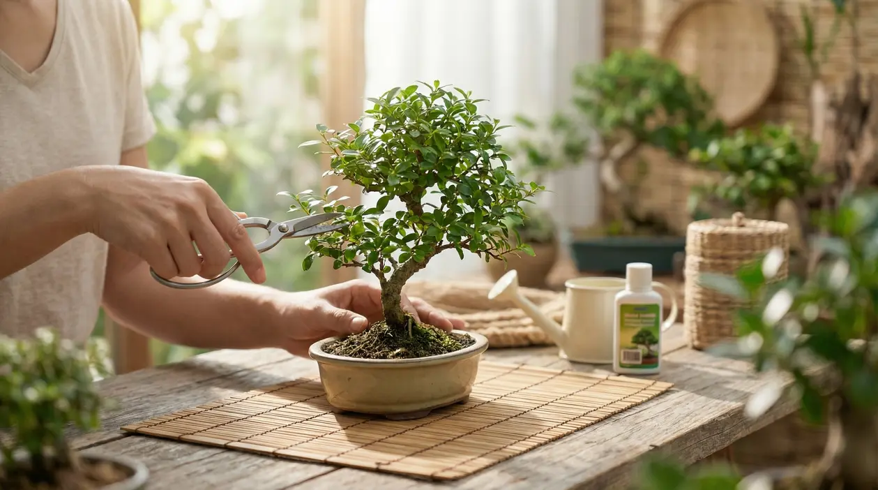 Persona che pota un bonsai con forbici da giardinaggio su un tavolo di legno