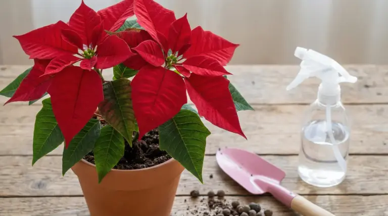 Pianta di stella di Natale in vaso con utensili da giardinaggio su un tavolo di legno