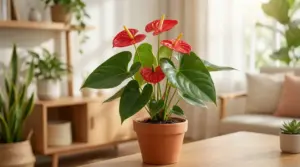 Anthurium in vaso di terracotta su un tavolo in un soggiorno luminoso