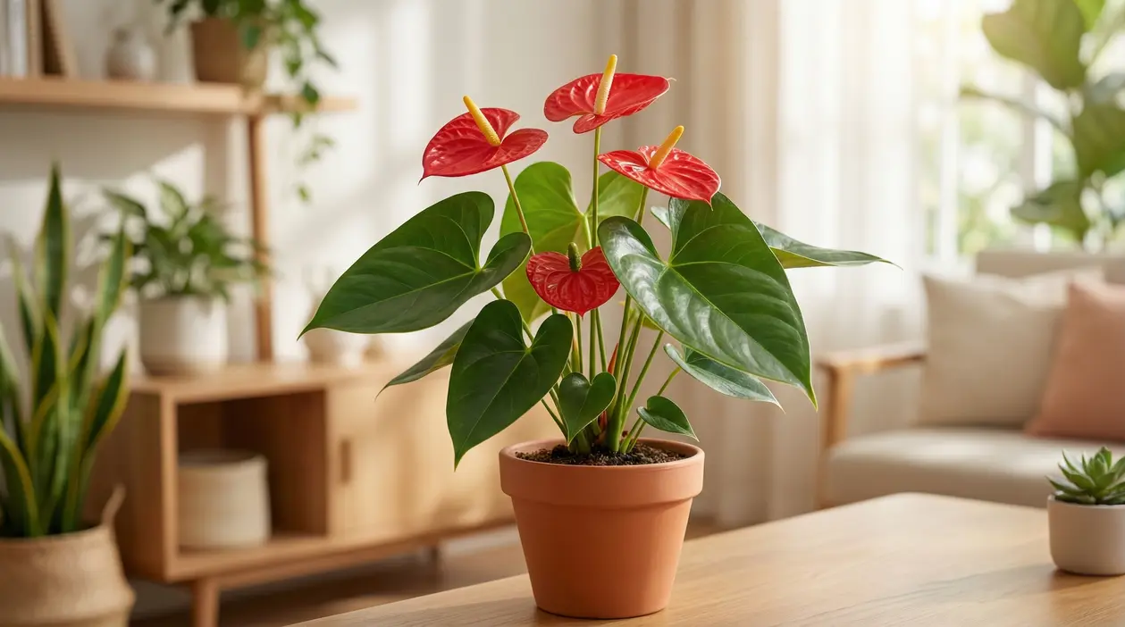 Anthurium in vaso di terracotta su un tavolo in un soggiorno luminoso
