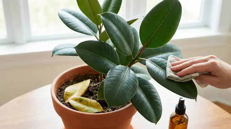 Mano che pulisce le foglie di un ficus in vaso con un panno vicino a uno spray