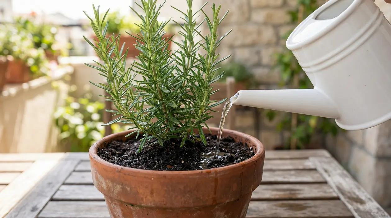 Annaffiatoio bianco versa acqua su una pianta di rosmarino in vaso di terracotta