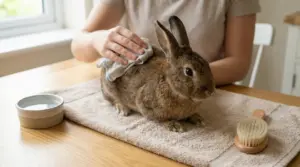 Persona che pulisce un coniglio con un panno umido su un asciugamano