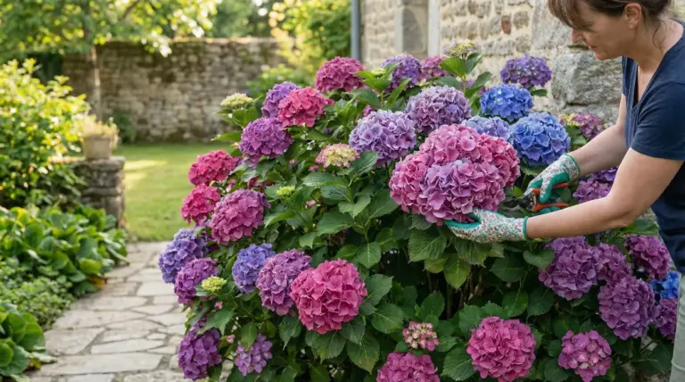 Persona che pota ortensie colorate in un giardino fiorito vicino a un muro in pietra