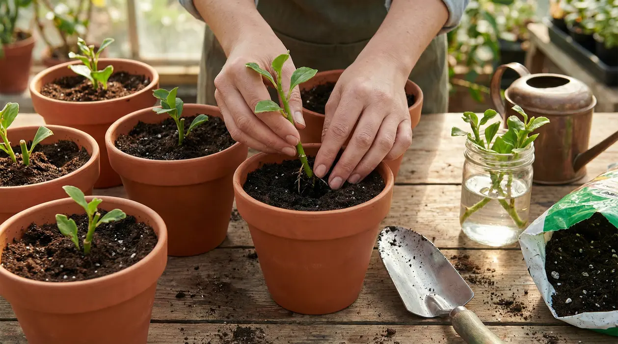 Mani che piantano una talea in un vaso di terracotta con altre piantine sul tavolo