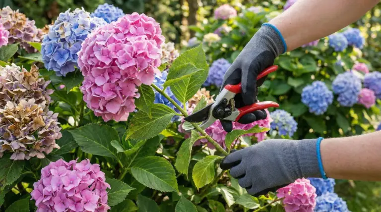 Mani con guanti da giardinaggio potano un ramo di ortensia in fiore con cesoie