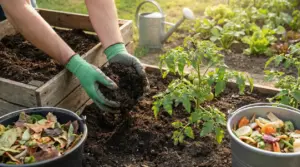 Persona con guanti da giardinaggio che aggiunge compost naturale al terreno vicino a piantine di pomodoro