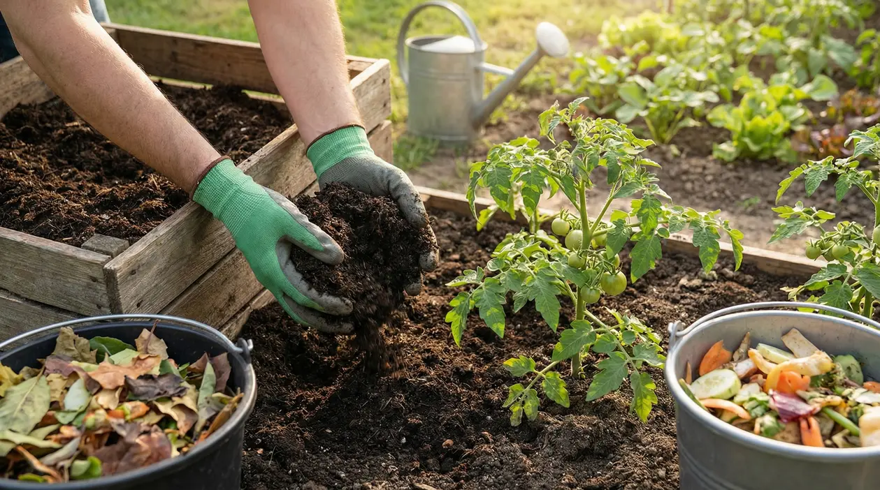 Persona con guanti da giardinaggio che aggiunge compost naturale al terreno vicino a piantine di pomodoro